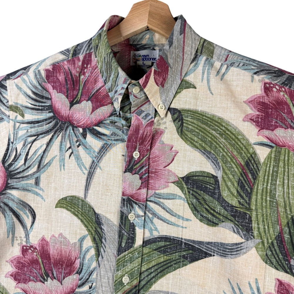 Reyn Spooner Hawaiian Shirt Large Pink Hibiscus Floral Cotton Blend Tailored HI